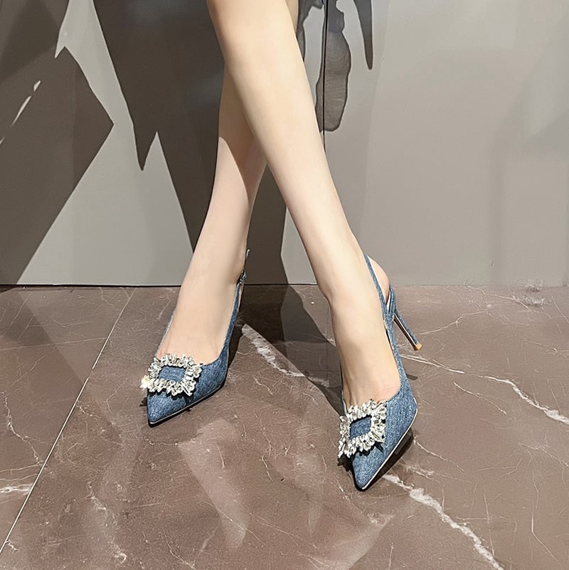 シューズ パンプス 高さ3種 定番 デニム ラインストーン ブルー 6CM/8CM/10CM